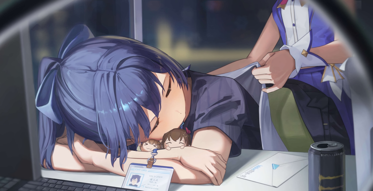 a-chan_(hololive), blue_hair, blush, bow, chibi, computer, drink, hololive, paper, ponytail, satellite999, shirt, skirt, sleeping, tokino_sora, wristwear
