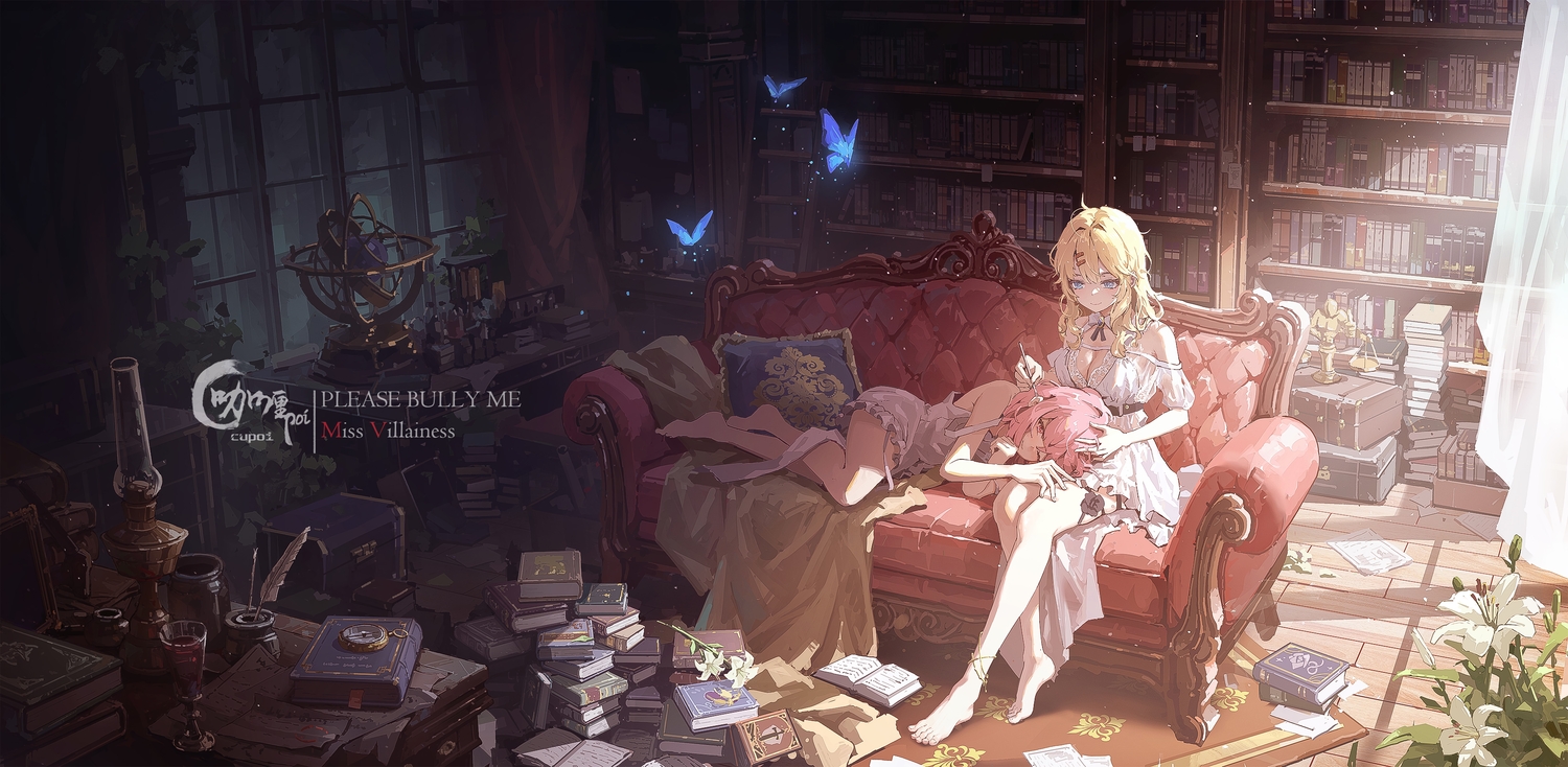 2girls, barefoot, blonde_hair, blue_eyes, book, breasts, butterfly, chigalidepoi, cleavage, couch, dress, drink, elsa_dorothy, flowers, garter, long_hair, paper, pink_eyes, pink_hair, please_bully_me_miss_villainess!, see_through, short_hair, shoujo_ai, watermark, yvonne_smollett