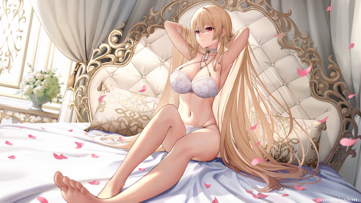 aliasing, barefoot, bed, blonde_hair, bra, breasts, choker, cleavage