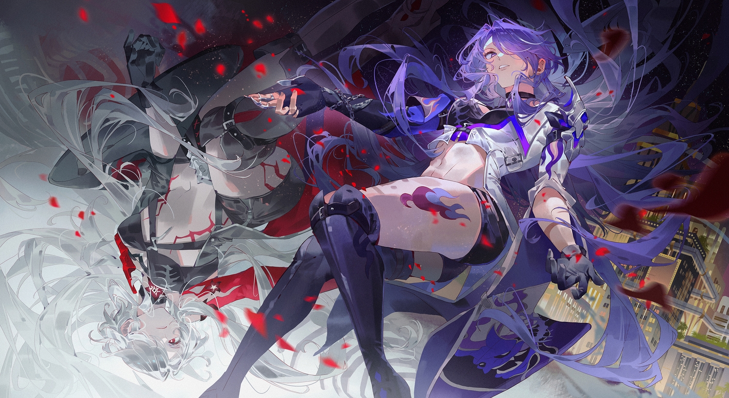 2girls, acheron_(honkai:_star_rail), boots, chain, choker, elbow_gloves, felicia_chen, gloves, gray_hair, honkai_(series), honkai:_star_rail, long_hair, navel, night, petals, purple_eyes, purple_hair, red_eyes, shorts, sky, stars, tattoo, thighhighs, wristwear