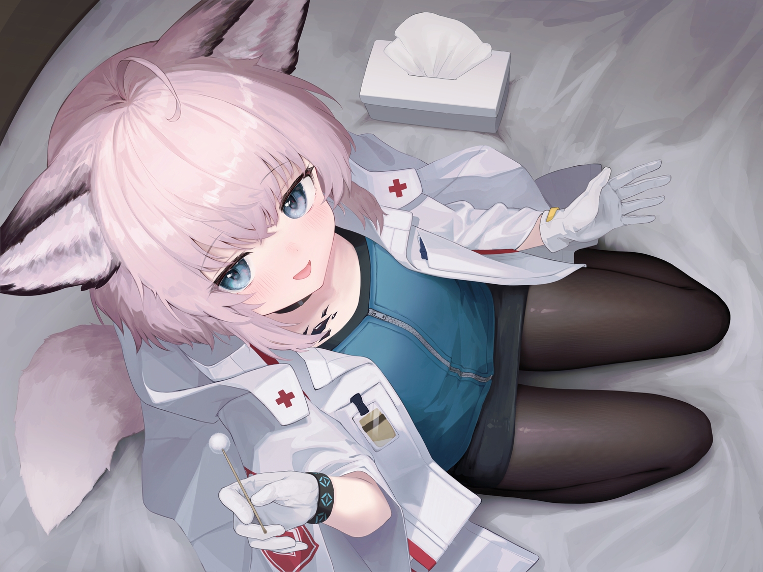 animal_ears, arknights, bed, blue_eyes, blush, close, collar, flat_chest