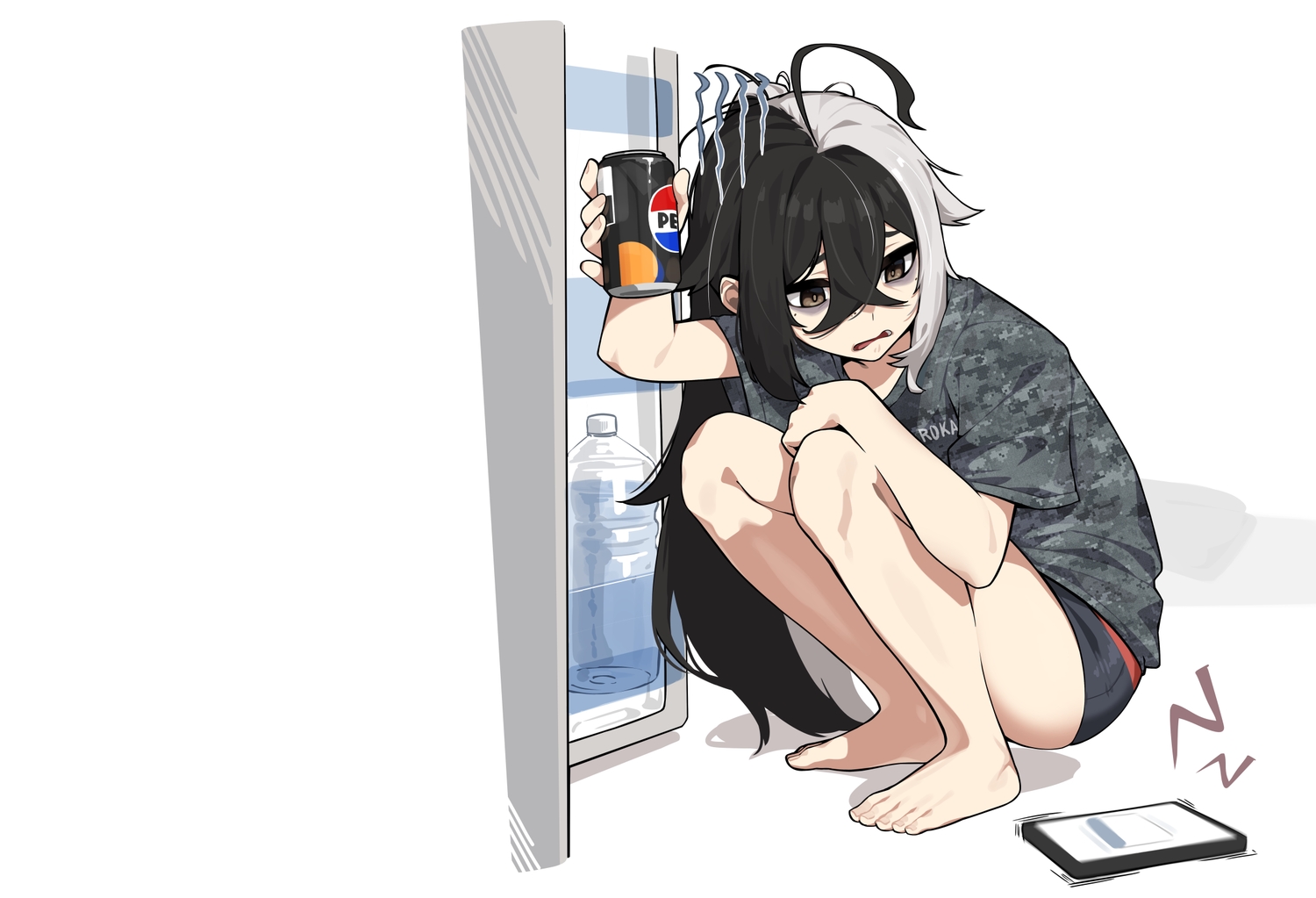 barefoot, brown_eyes, dev_(dev0614), drink, long_hair, original, pepsi, phone, shorts, third-party_edit, white