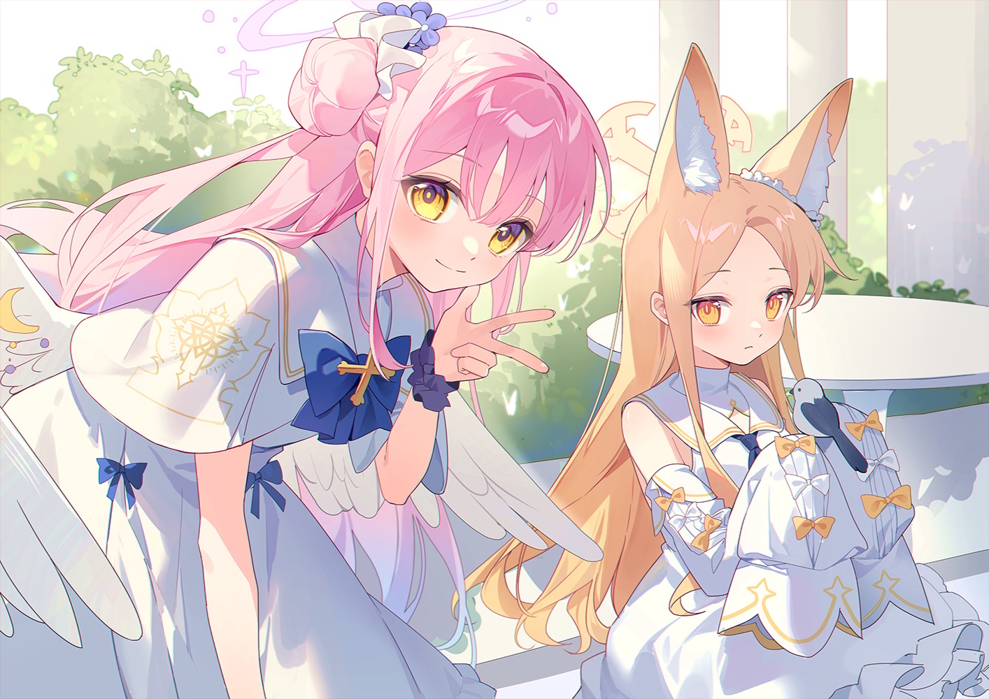 2girls, animal, animal_ears, bird, blonde_hair, blue_archive, bow, cape, dress, flat_chest, foxgirl, halo, leaves, long_hair, misono_mika, orange_eyes, pink_hair, tie, wings, wristwear, yellow_eyes, yunweishukuang, yurizono_seia