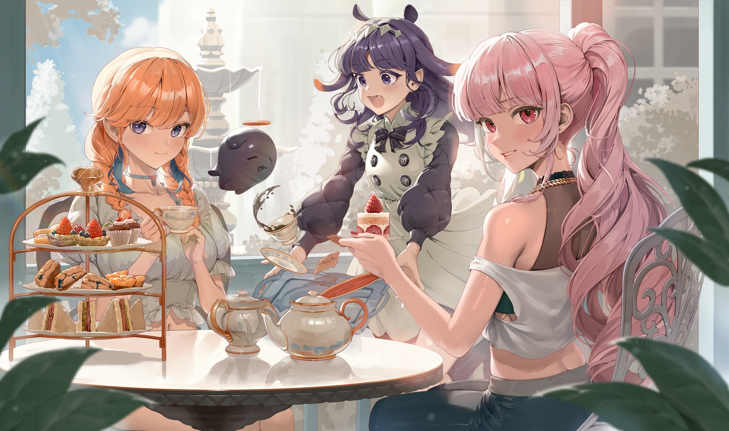 apron, blush, bow, braids, cake, choker, clouds, dress, drink, fang, food, fruit, gum_shrew, hololive, leaves, long_hair, maid, mori_calliope, navel, necklace, ninomae_ina'nis, orange_hair, pink_hair, pointed_ears, ponytail, purple_eyes, purple_hair, red_eyes, sky, strawberry, takanashi_kiara, tree, twintails, water