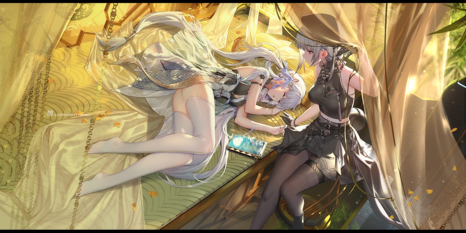 2girls, aliasing, bed, boots, bow, chain, chinese_clothes, computer