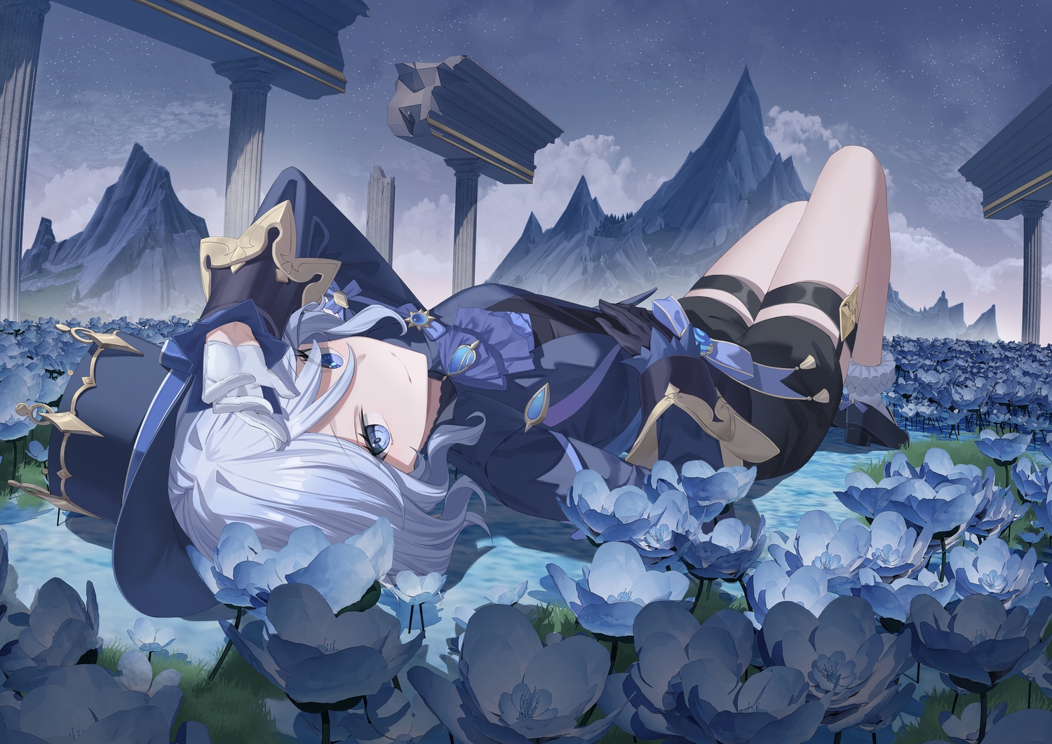 angel_no_shousou, bicolored_eyes, blue_eyes, bow, clouds, flowers, furina_(genshin_impact), garter
