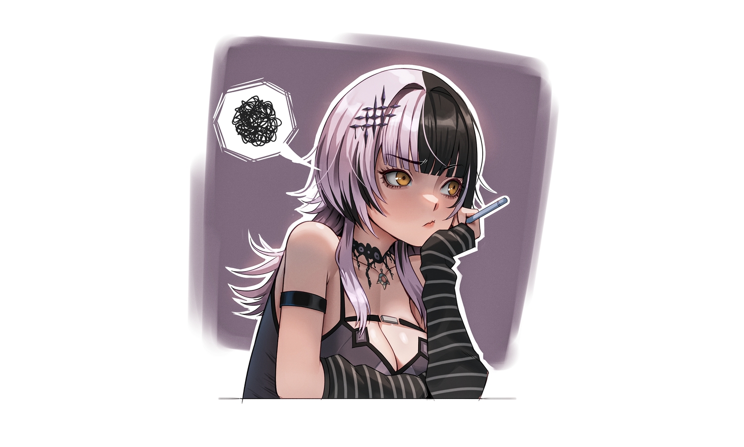breasts, choker, cleavage, close, hololive, long_hair, seventeencrows, shiori_novella