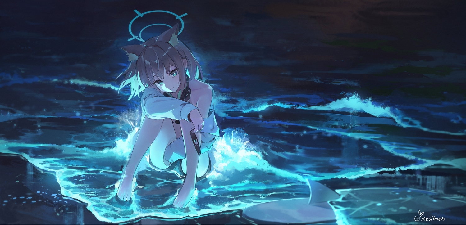 aqua_eyes, barefoot, beach, bikini_top, blue_archive, dark, gray_hair, halak0000, halo, headphones, night, open_shirt, shirt, short_hair, shorts, signed, sunaookami_shiroko, sunglasses, water, wolfgirl