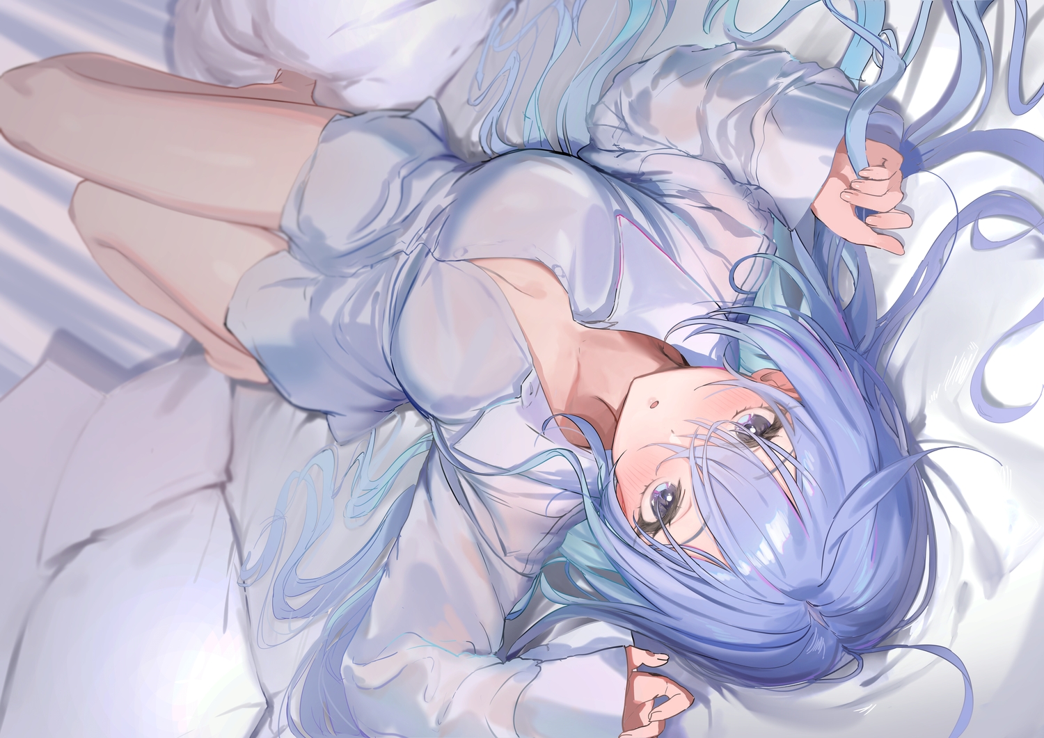 barefoot, bed, blue_eyes, blue_hair, blush, breasts, cleavage, idolmaster, idolmaster_shiny_colors, long_hair, open_shirt, shirt, sketch, suzuki_hana, uouokuma