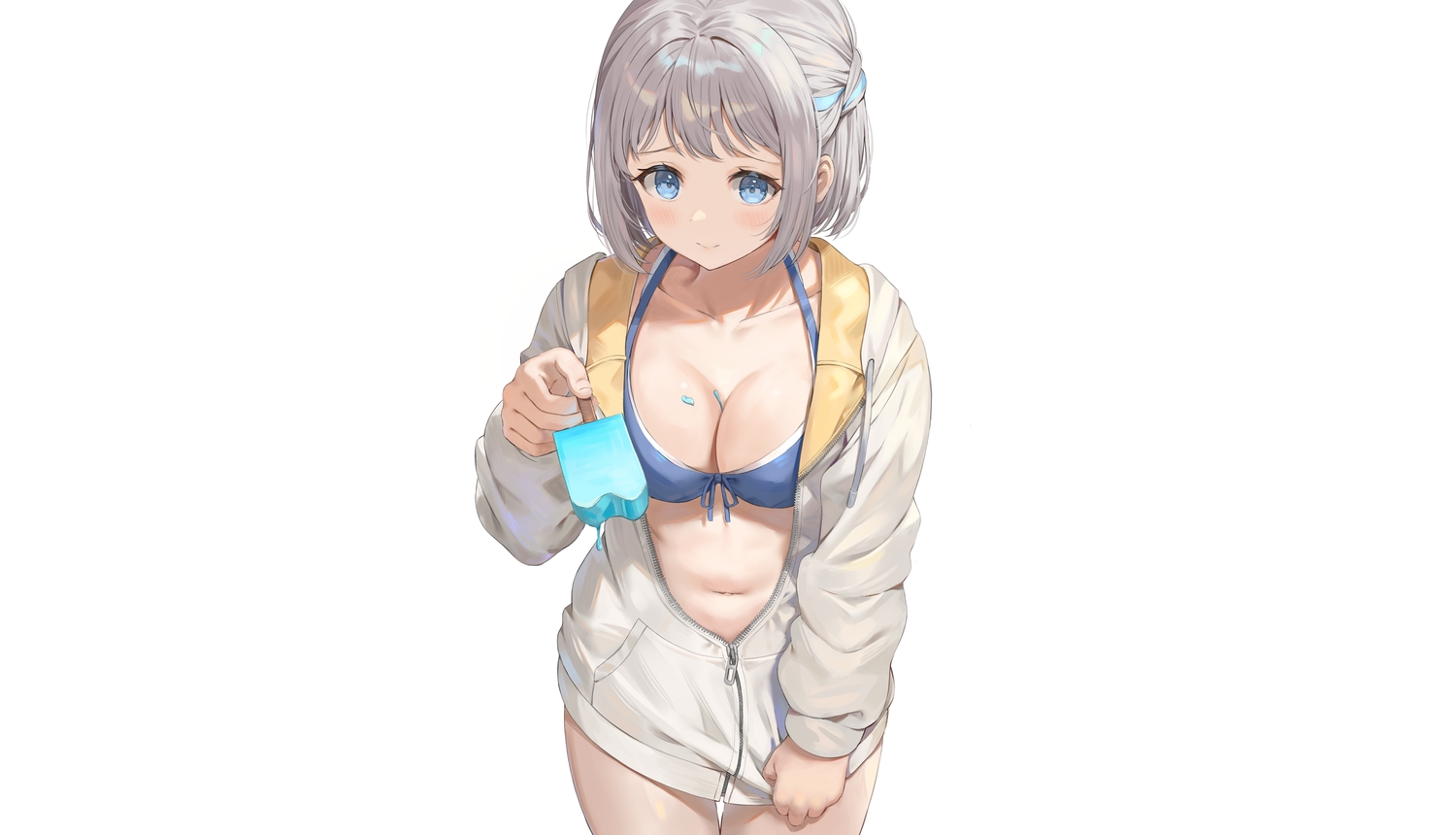 bikini, blue_eyes, blush, braids, breasts, cleavage, gakuen_idolmaster, gray_hair