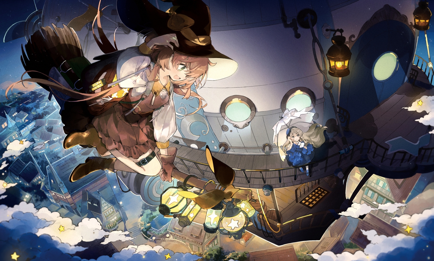 2girls, boots, brown_eyes, brown_hair, building, city, clouds, dress