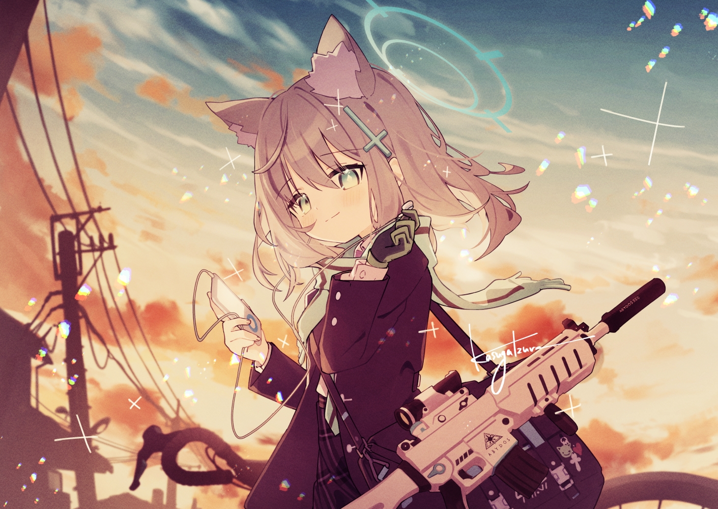 animal_ears, aqua_eyes, bicycle, blue_archive, blush, close, clouds, cross, gloves, gray_hair, gun, halo, headphones, kasuga_haruhi, loli, scarf, school_uniform, shirt, short_hair, signed, silhouette, skirt, sky, sunaookami_shiroko, sunset, weapon, wolfgirl