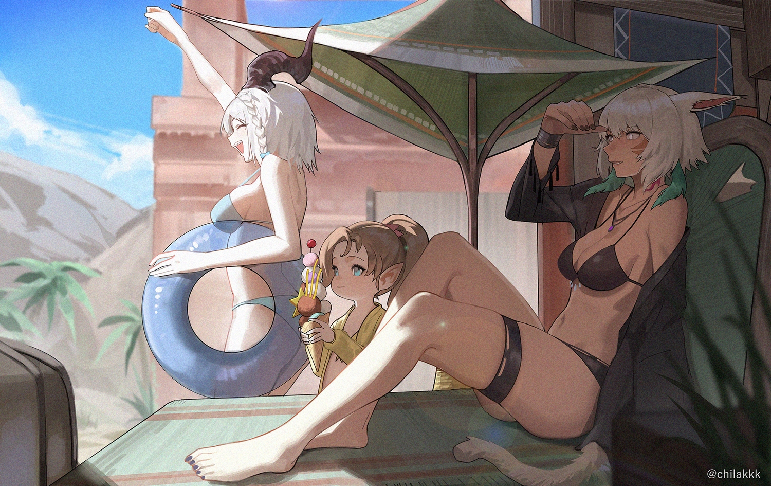 aqua_eyes, au_ra, barefoot, bikini, braids, breasts, brown_hair, building, catgirl, chilakkk, cleavage, clouds, final_fantasy, final_fantasy_xiv, food, garter, horns, ice_cream, krile_baldesion_(ff14), lalafell, loli, miqo'te, navel, necklace, pointed_ears, ponytail, shade, short_hair, sky, swim_ring, swimsuit, tail, tree, umbrella, warrior_of_light, watermark, white_hair, wristwear, y'shtola_rhul