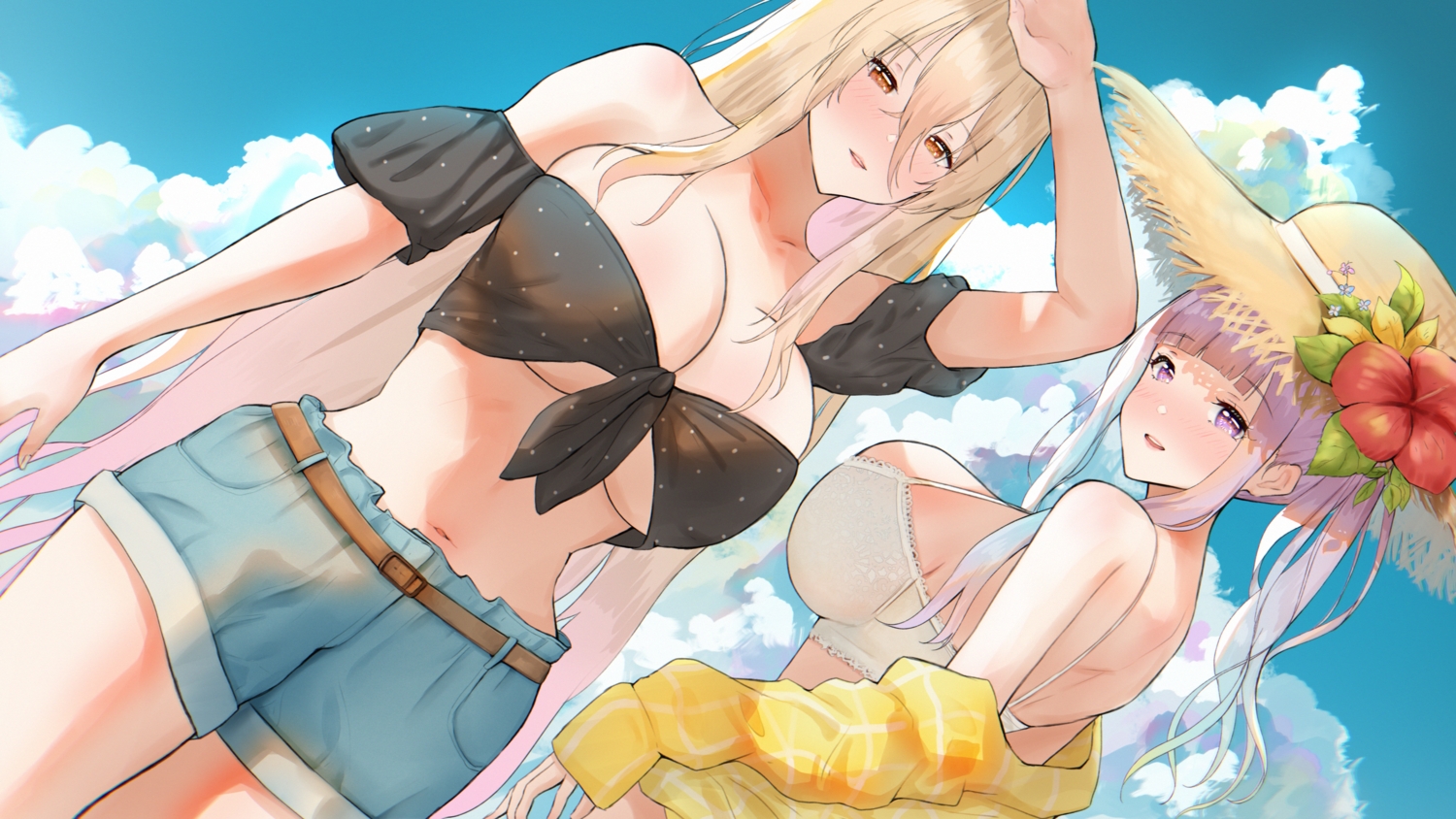 2girls, anthropomorphism, azur_lane, bikini_top, blush, breasts, cleavage, clouds