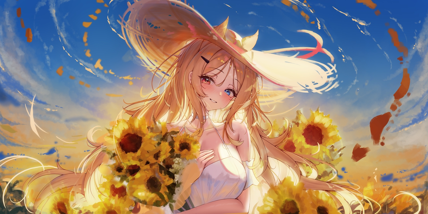 animal_ears, archetto_(arknights), arknights, bicolored_eyes, blonde_hair, blush, breast_hold, breasts