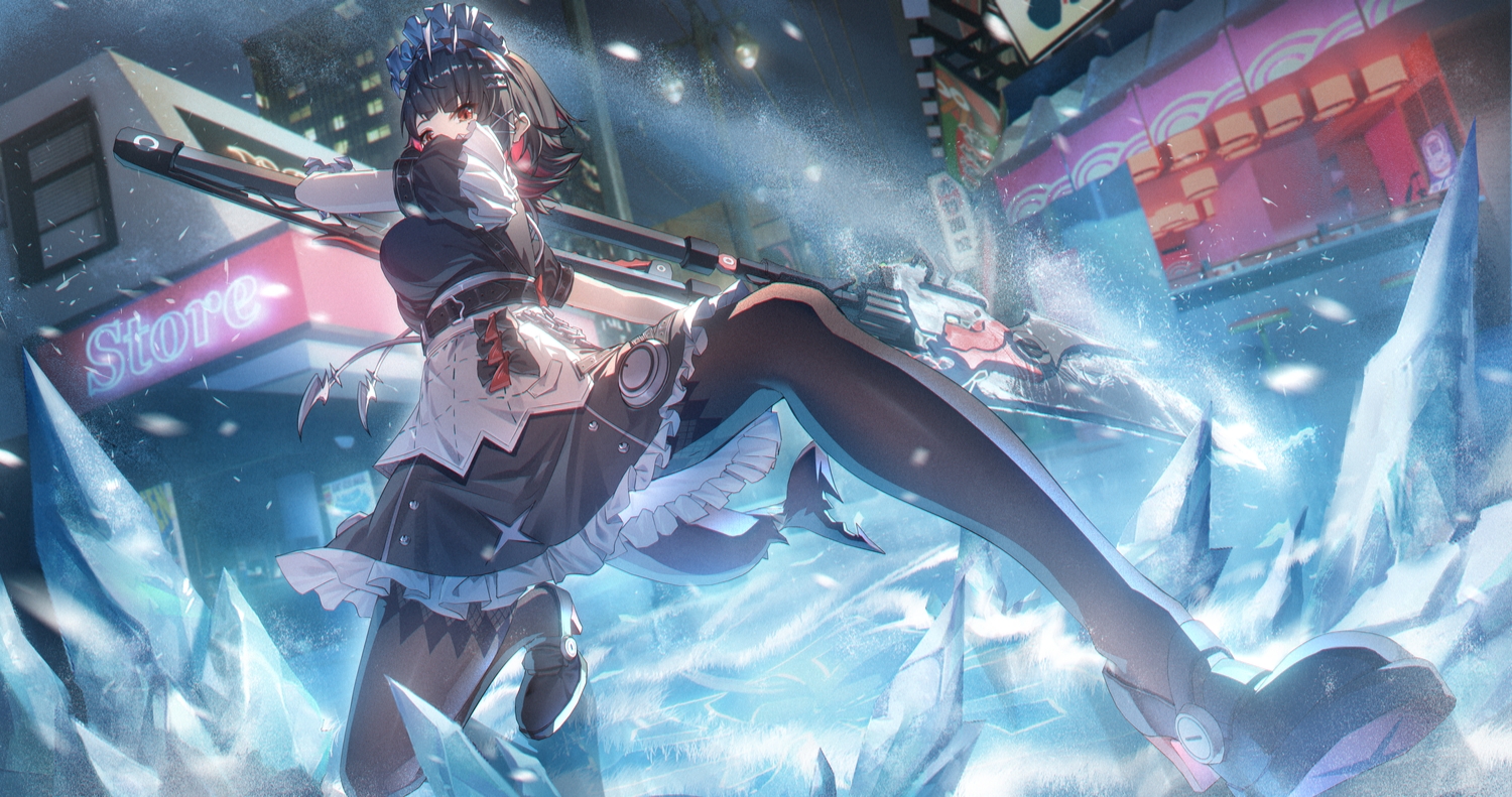 apron, black_hair, bow, building, city, dress, ellen_joe, headdress