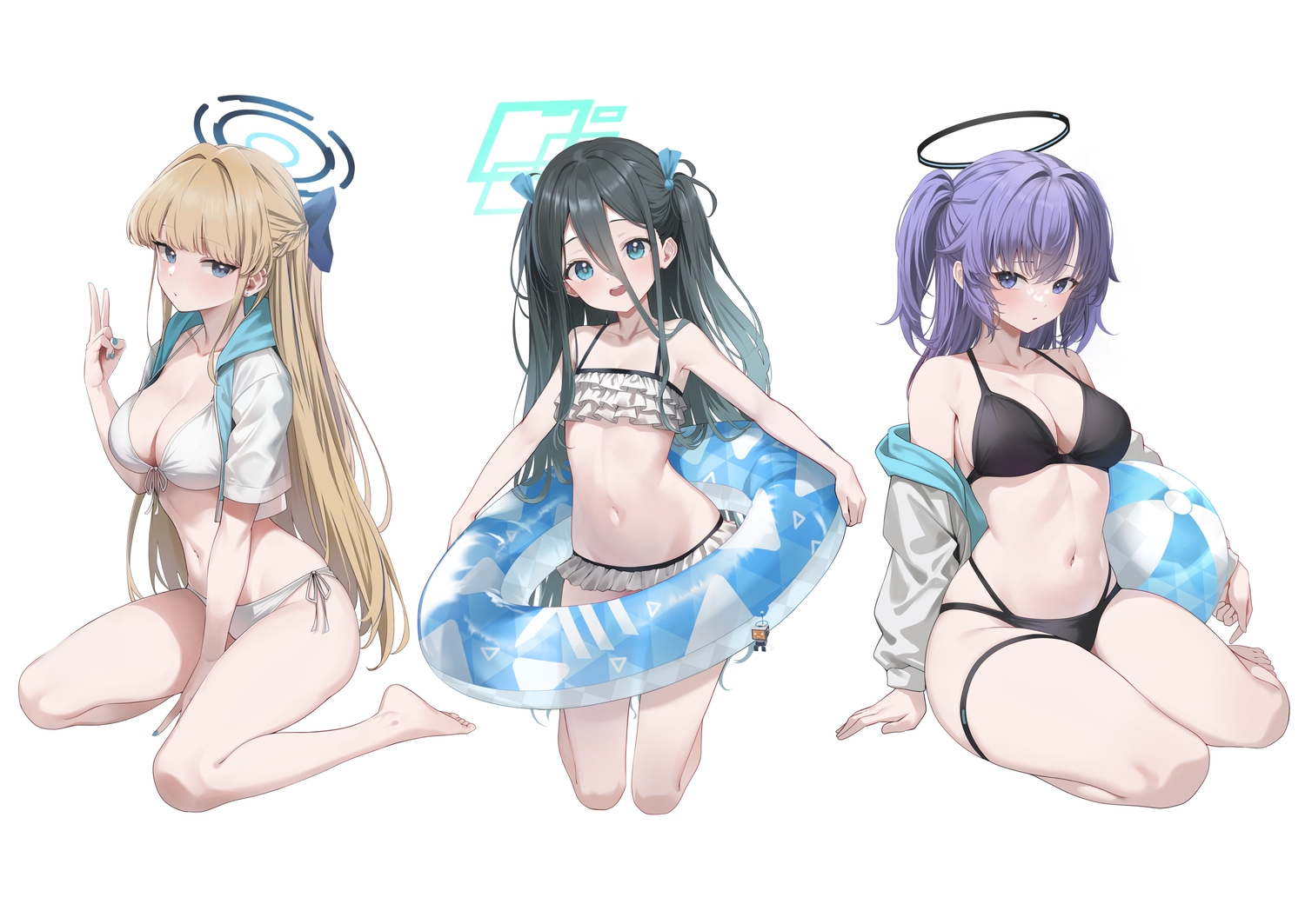 aqua_eyes, asuma_toki, ball, barefoot, bikini, black_hair, blonde_hair, blue_archive, blue_eyes, blush, bow, braids, breasts, cleavage, flat_chest, garter, halo, hayase_yuuka, hood, koisuke, loli, long_hair, navel, purple_eyes, purple_hair, swim_ring, swimsuit, tendou_arisu_(blue_archive), twintails