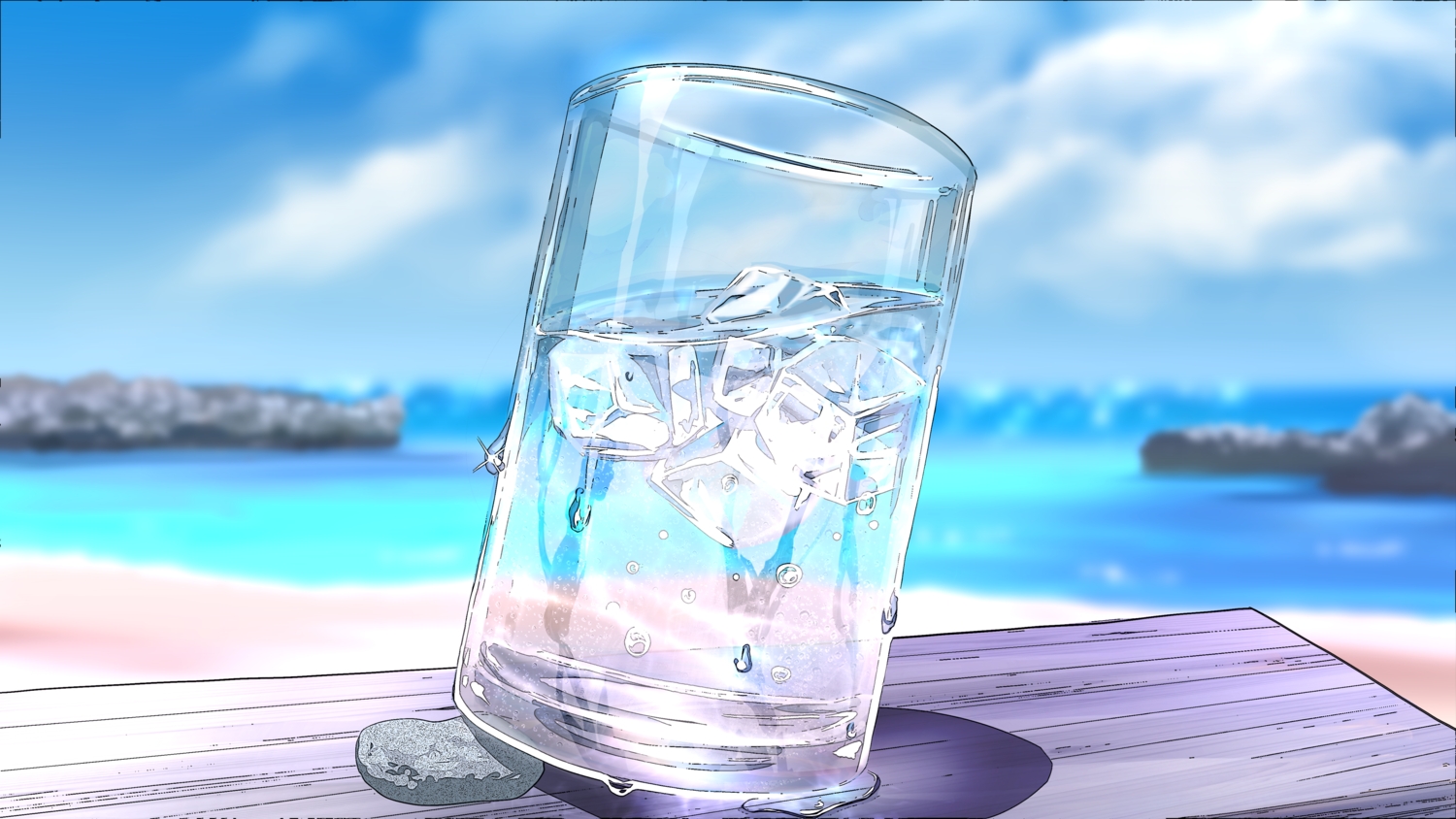 beach, close, clouds, drink, nap_on_a_cloud, no_humans, original, scenic, sky, water