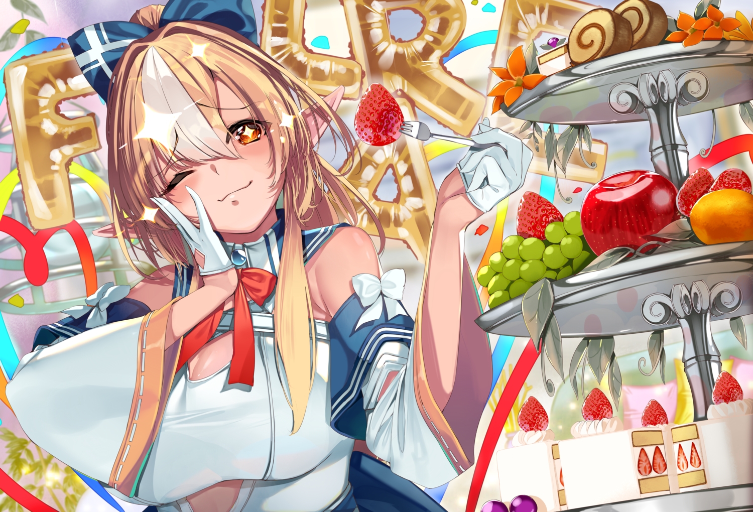 apple, blonde_hair, bow, breasts, cake, cleavage, dark_skin, food