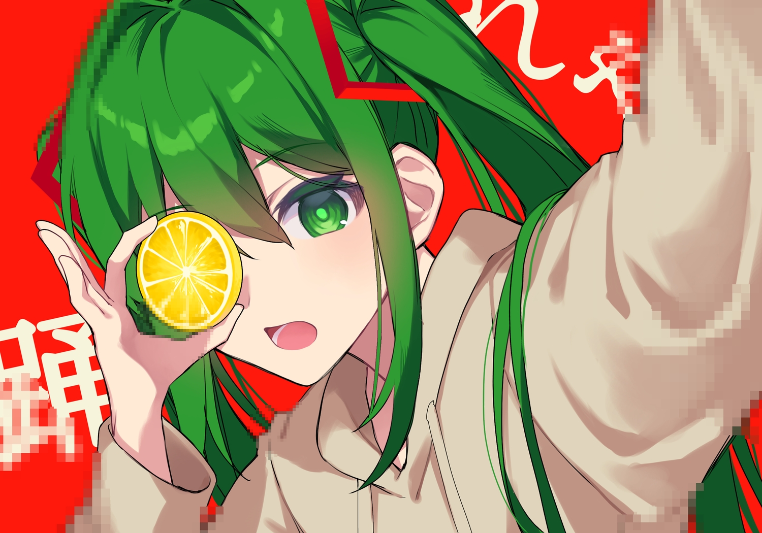 close, food, fruit, green_eyes, green_hair, hatsune_miku, hood, kurobikari