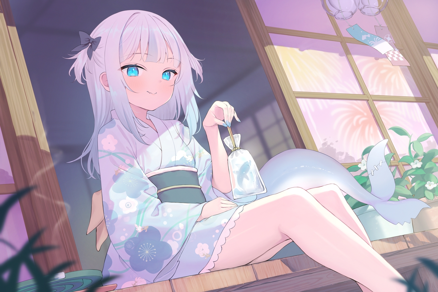 animal, aqua_eyes, blush, bow, fang, fireworks, fish, flat_chest, flowers, gawr_gura, gray_hair, hololive, japanese_clothes, leaves, reflection, short_hair, summer, tail, takumi11, twintails, yukata