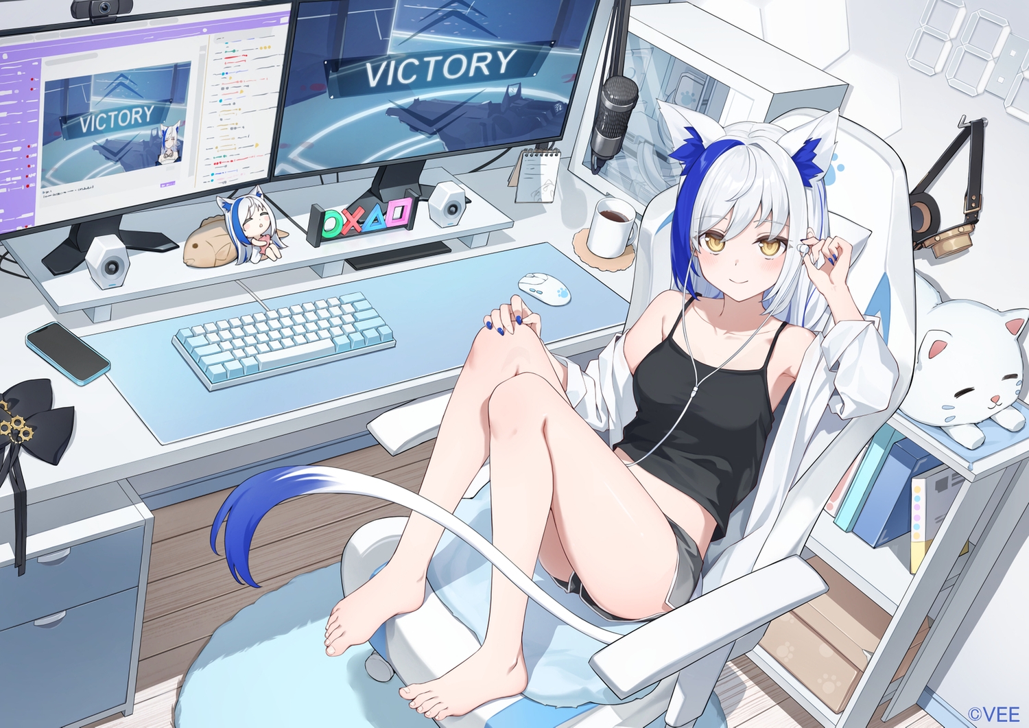 animal_ears, aomiya_yozuri, barefoot, blush, book, camera, catgirl, computer