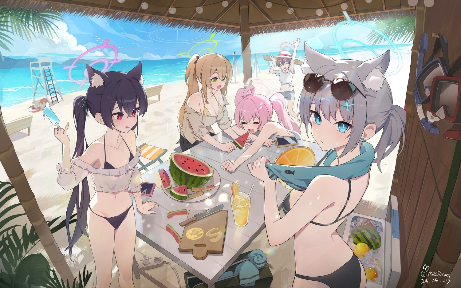 animal_ears, aqua_eyes, beach, bikini, black_hair, blue_archive, blush, breasts, brown_hair, catgirl, cleavage, clouds, drink, fang, flat_chest, food, fruit, glasses, goggles, gray_hair, green_eyes, group, halak0000, halo, hat, izayoi_nonomi, kuromi_serika, long_hair, navel, okusora_ayane, open_shirt, phone, pink_hair, pointed_ears, ponytail, popsicle, red_eyes, shirt, short_hair, shorts, signed, sky, sunaookami_shiroko, sunglasses, swim_ring, swimsuit, takanashi_hoshino, towel, twintails, umbrella, water, watermelon, wolfgirl