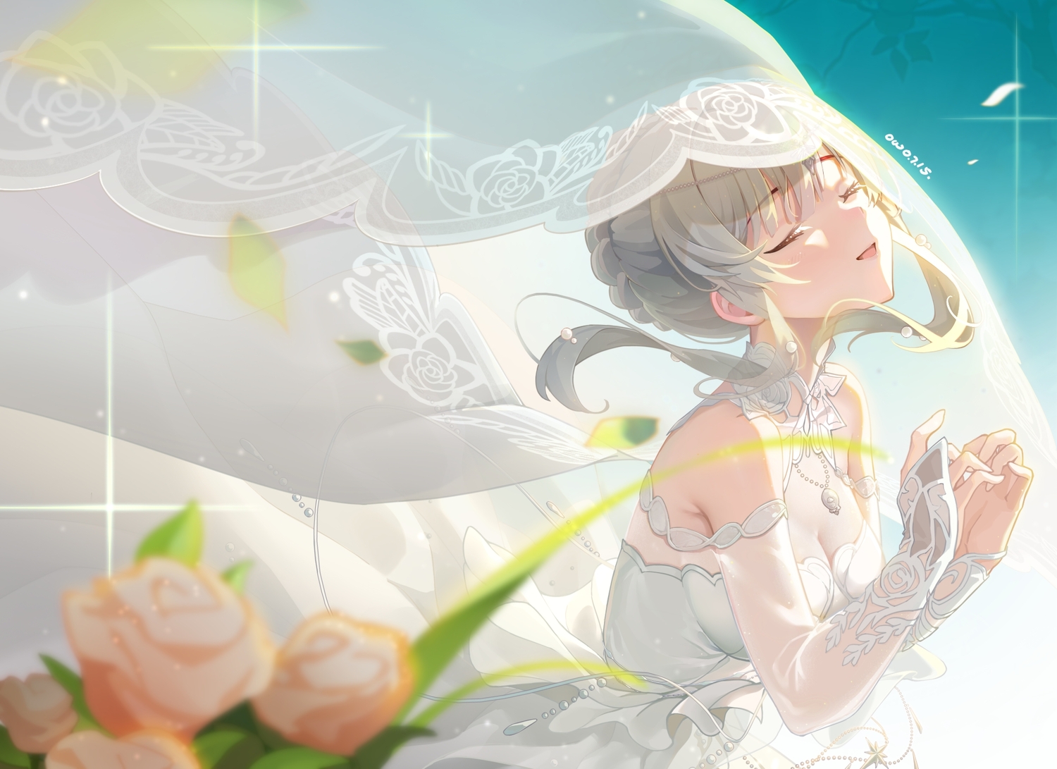 blush, braids, breasts, cleavage, dress, flowers, gray_hair, headdress, idolmaster, idolmaster_shiny_colors, khorosho, necklace, see_through, signed, sky, wedding_attire, yuukoku_kiriko