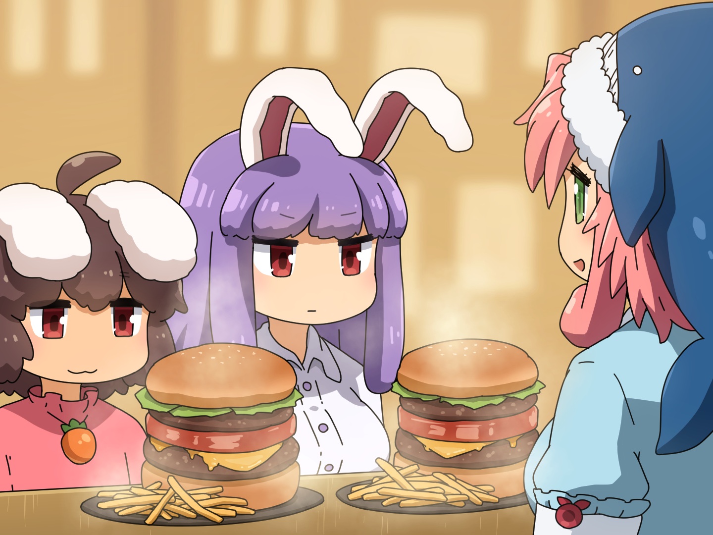 animal_ears, brown_hair, bunny_ears, bunnygirl, cat_smile, food, green_eyes, hat, inaba_tewi, loli, long_hair, necklace, okunoda_miyoi, pink_hair, purple_hair, red_eyes, reisen_udongein_inaba, shirosato, shirt, short_hair, touhou