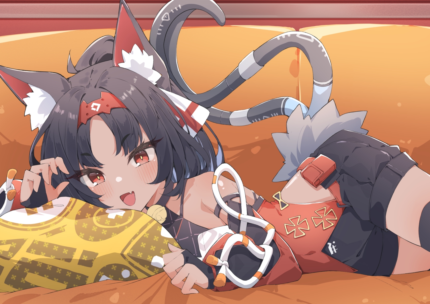 airenif, animal_ears, bell, black_hair, blush, catgirl, close, collar, couch, fang, gloves, multiple_tails, nekomiya_mana, ponytail, red_eyes, shorts, tail, thighhighs, zenless_zone_zero, zettai_ryouiki