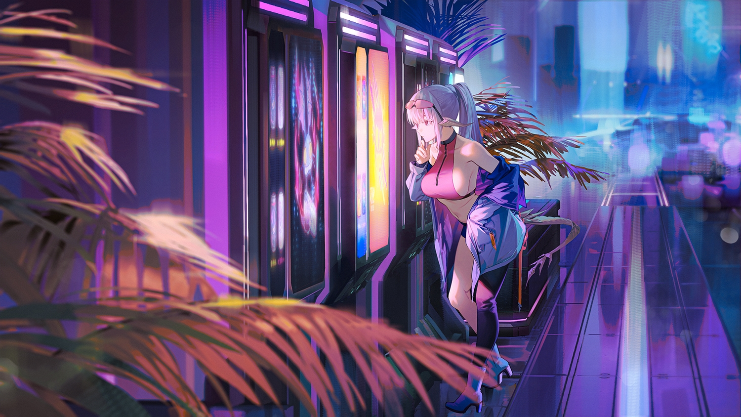 au_ra, boots, breasts, building, city, final_fantasy, final_fantasy_xiv, gray_hair