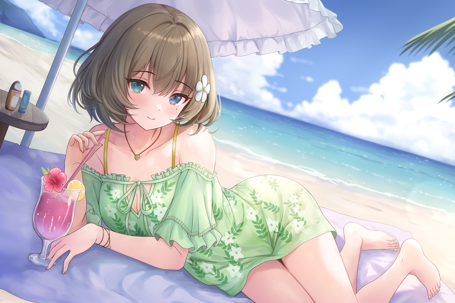 bicolored_eyes, blush, breasts, brown_hair, cleavage, clouds, dress, drink