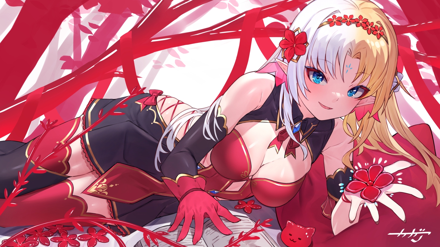 aqua_eyes, arpeggio_kaga, book, bow, breasts, cleavage, dress, flowers, gloves, headband, long_hair, neriaenn_(vtuber), pointed_ears, ribbons, signed, thighhighs, zettai_ryouiki