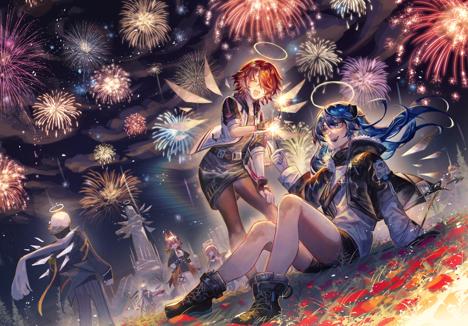 aqua_eyes, arknights, blue_hair, boots, building, dress, exusiai_(arknights), fireworks