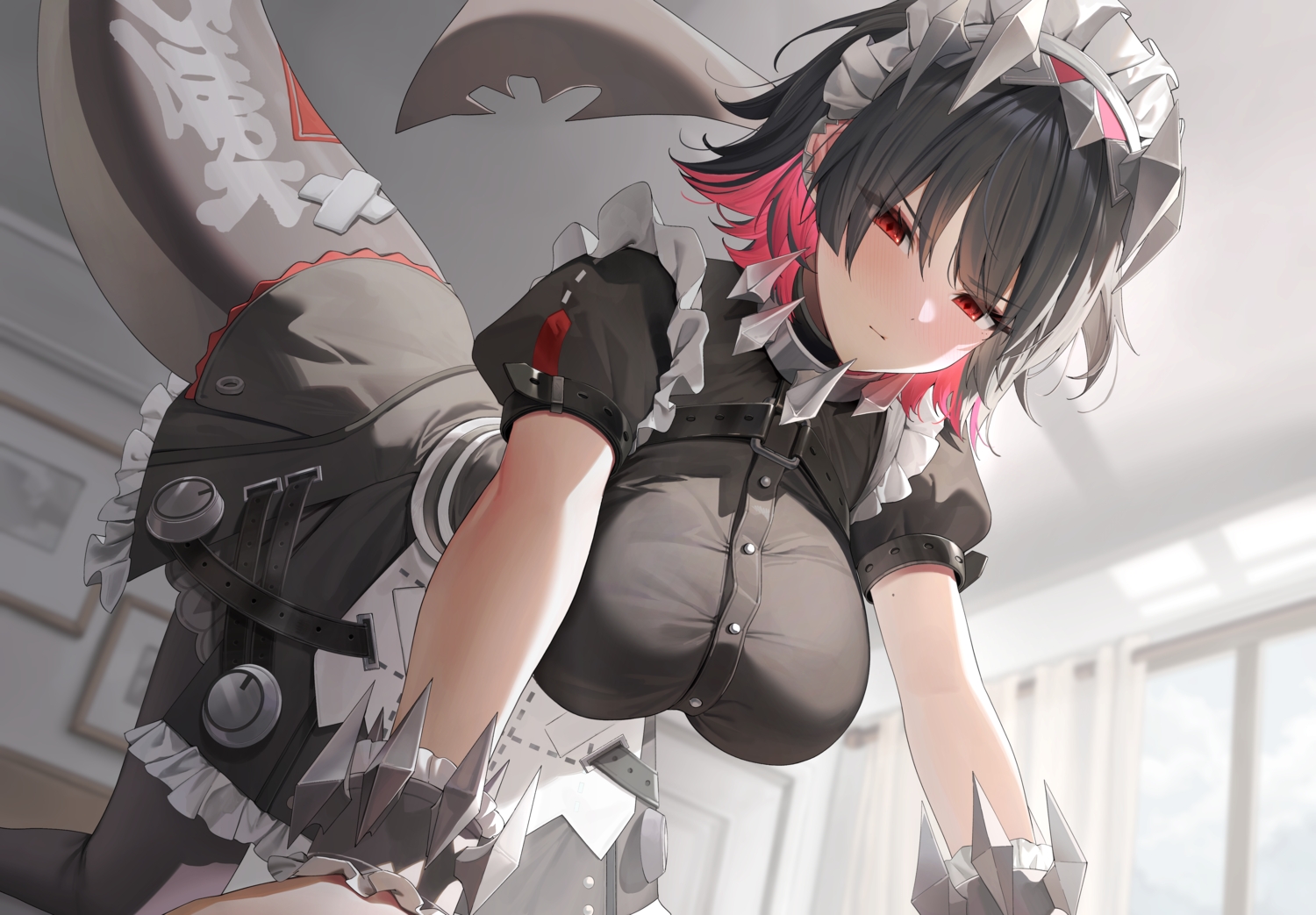 apron, black_hair, blush, breasts, close, collar, dress, ellen_joe