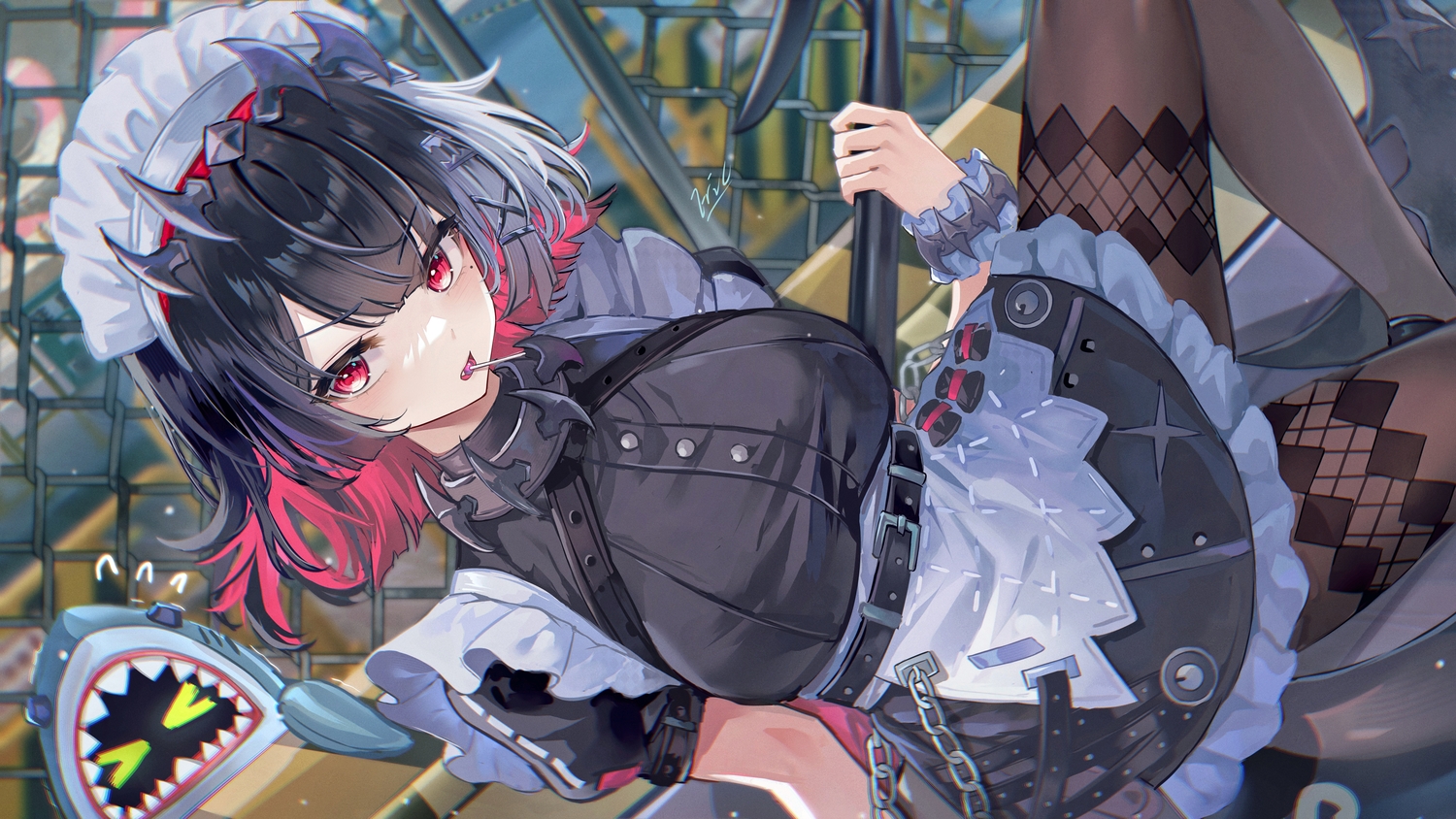 apron, black_hair, blush, candy, collar, dress, ellen_joe, eric_(tianqijiang)