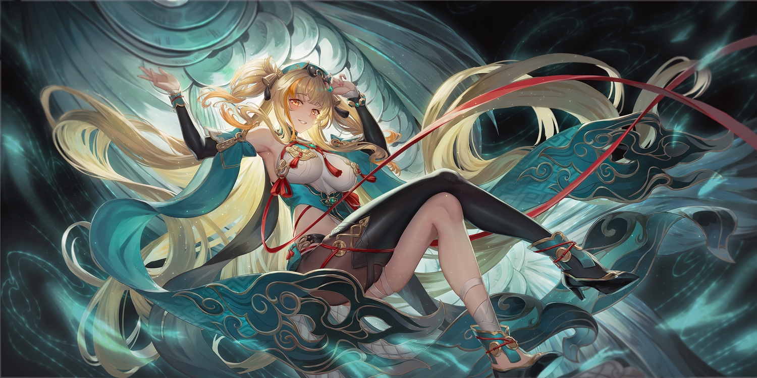 bell, blonde_hair, breasts, chinese_clothes, garter, hat, honkai_impact, honkai_(series), long_hair, magic, orange_eyes, pantyhose, ribbons, songque_(honkai_impact), sunglasses, ulquiorra0, wristwear