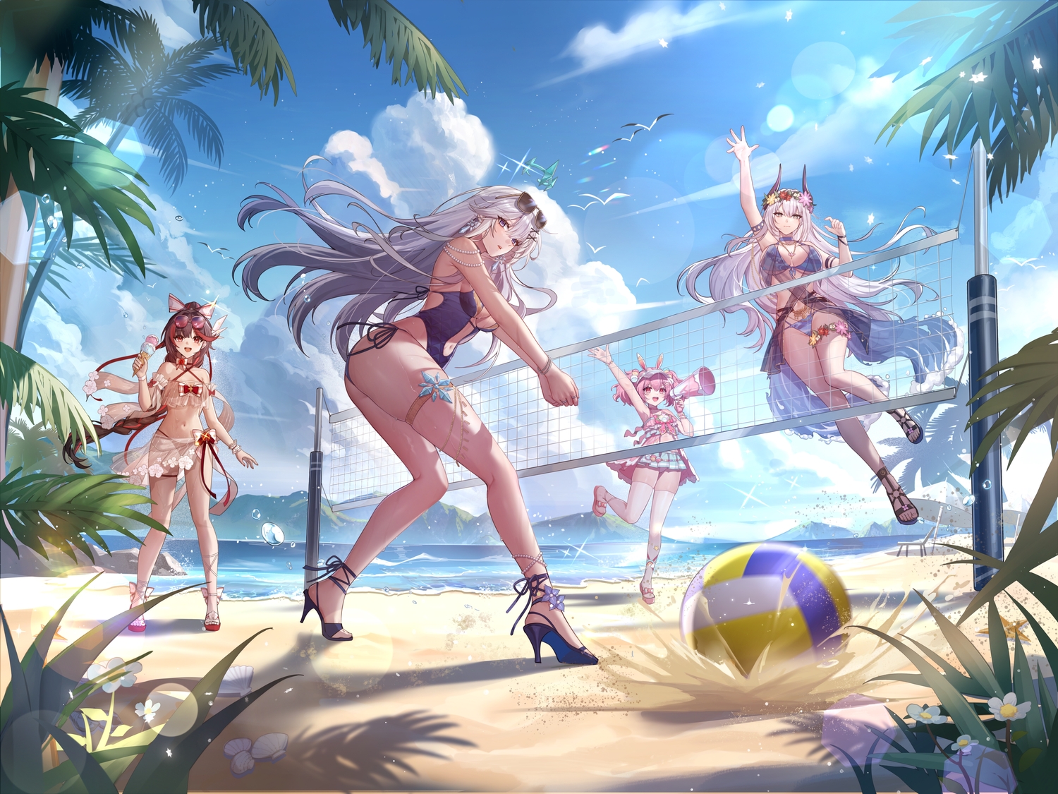 anka_(tower_of_fantasy), ball, beach, bikini, bow, braids, breasts, brown_hair