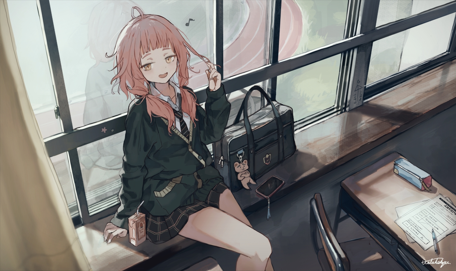 drink, fang, original, paper, phone, pink_hair, reflection, school_uniform