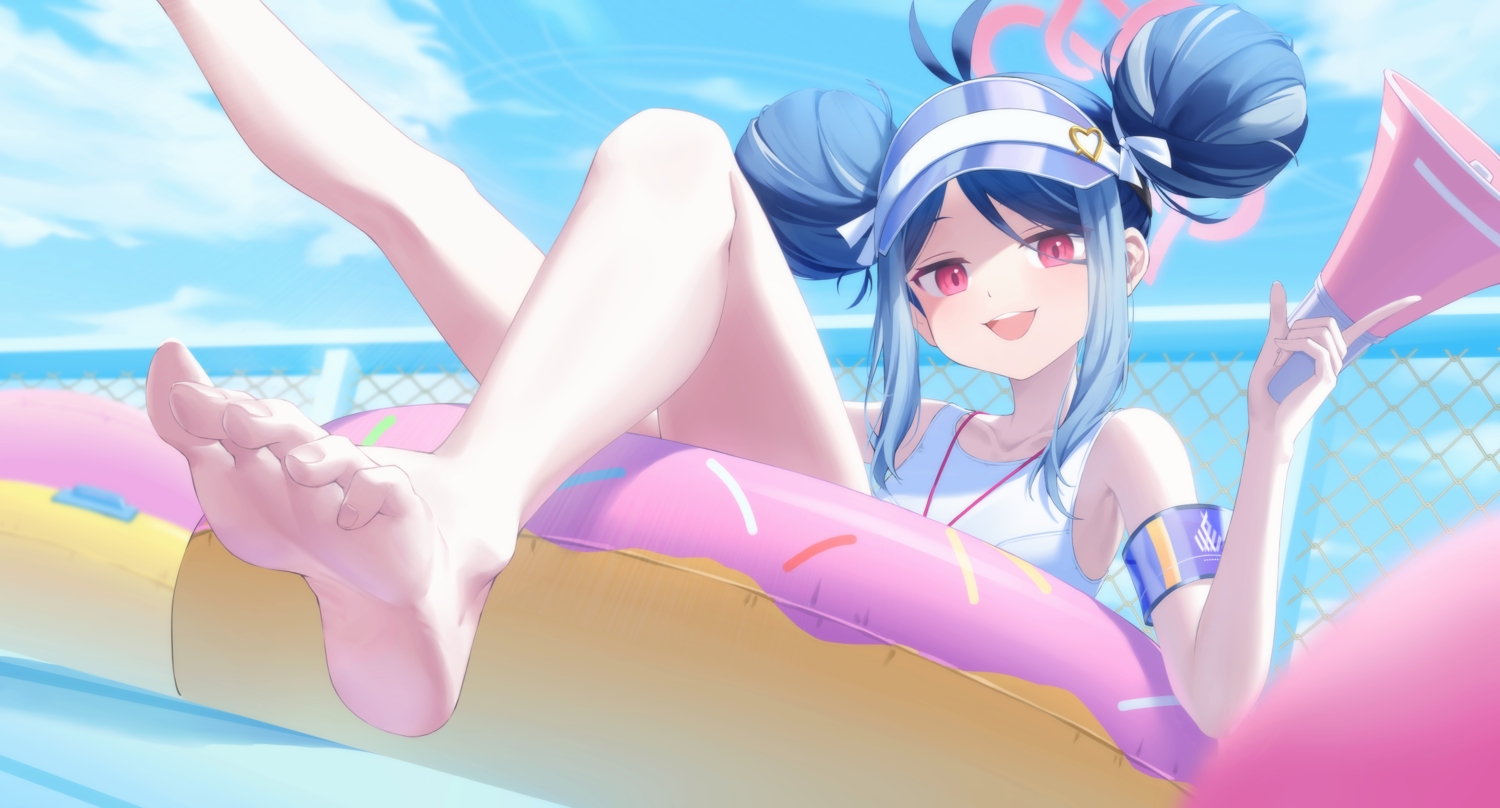 barefoot, blue_archive, blue_hair, cat_smile, close, clouds, flat_chest, gaoqiaoyuyin_takahashi