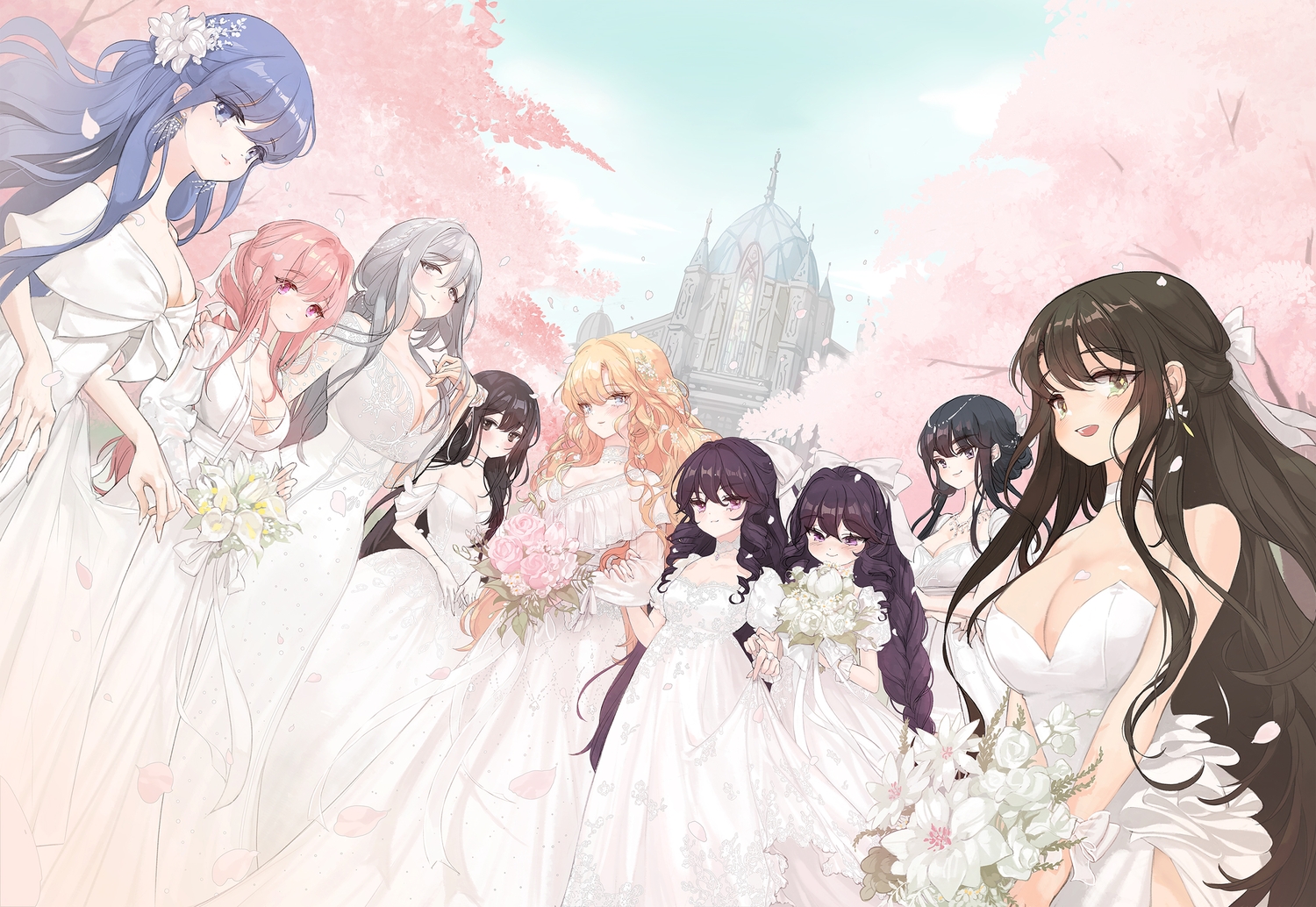 black_hair, blonde_hair, blue_eyes, blue_hair, bow, braids, breast_hold, breasts, brown_eyes, cherry_blossoms, choker, cleavage, clouds, dress, flowers, gloves, gray_eyes, gray_hair, green_eyes, group, hug, kuzel_(bonolangje), loli, long_hair, necklace, petals, pink_eyes, pink_hair, ponytail, purple_eyes, ribbons, see_through, skirt_lift, sky, tears, tree, twins, wedding_attire