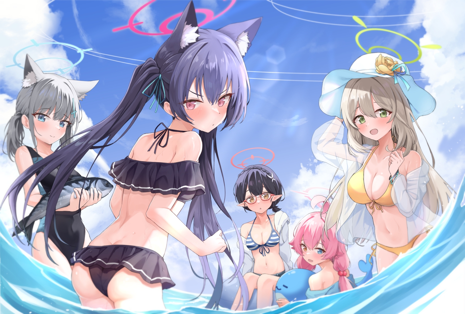animal, animal_ears, ass, bicolored_eyes, bikini, bikini_top, black_hair, blue_archive