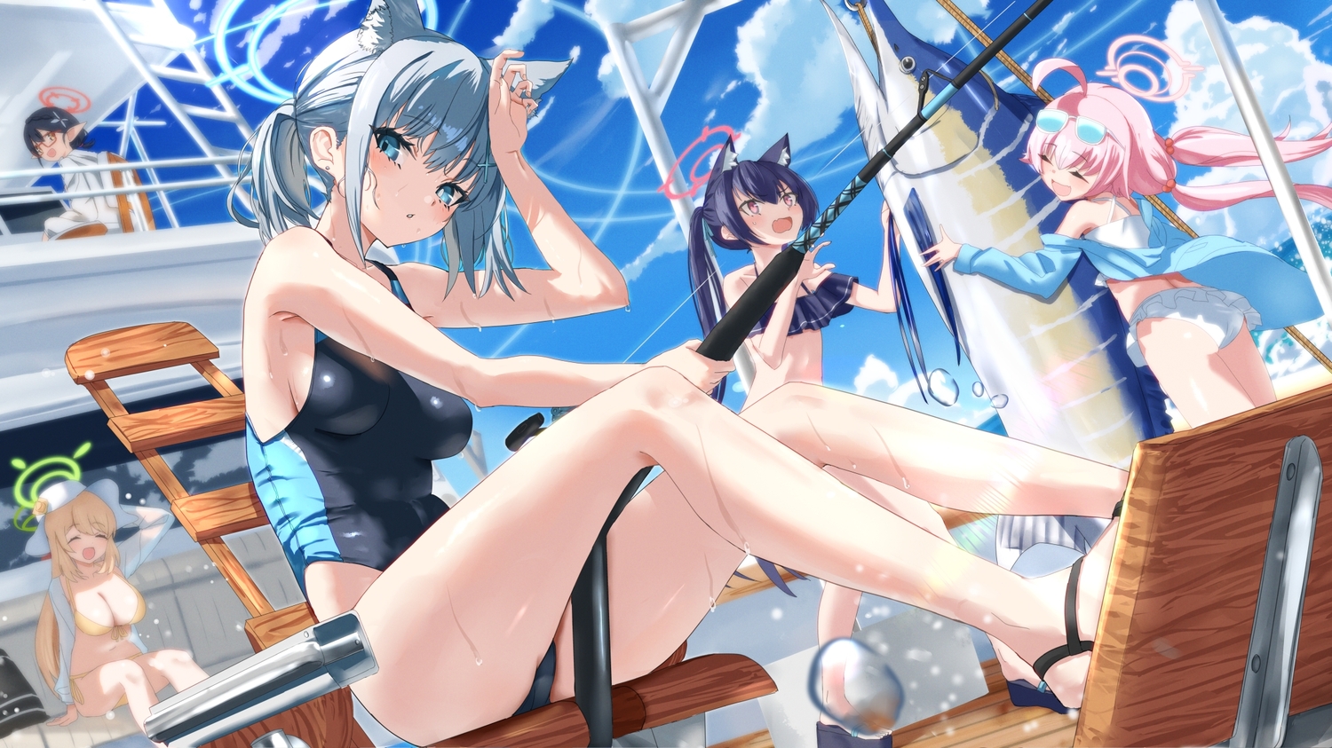 aliasing, animal, animal_ears, aqua_eyes, bikini, black_hair, blonde_hair, blue_archive