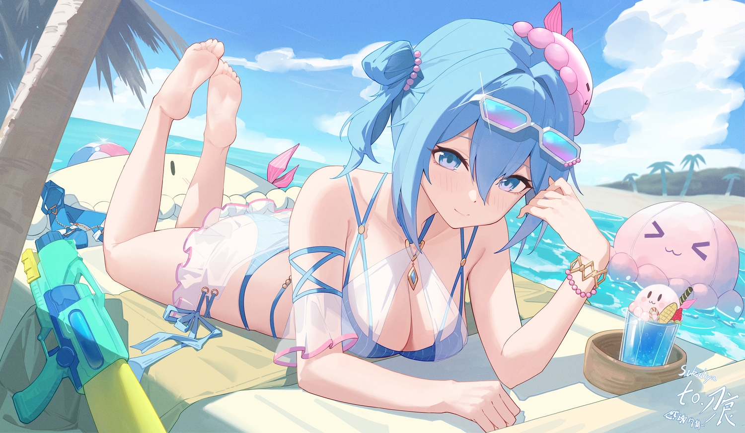 aqua_eyes, aqua_hair, ass, ball, barefoot, beach, bikini, blush, breasts, cleavage, clouds, drink, food, fruit, gun, haiyi, ice_cream, see_through, short_hair, signed, skirt, sky, strawberry, sukaliya, sunglasses, swimsuit, synthesizer_v, tree, water, weapon, wristwear