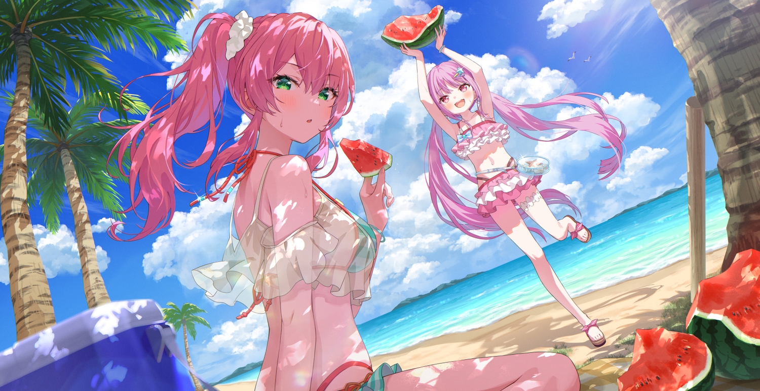 2girls, aikawa_megumi, aliasing, beach, bikini, blush, clouds, flat_chest, food, fruit, garter, green_eyes, heaven_burns_red, kunimi_tama, loli, long_hair, momomoi_momoi, navel, pink_eyes, pink_hair, ponytail, purple_hair, see_through, shade, skirt, sky, swimsuit, tree, twintails, water, watermelon