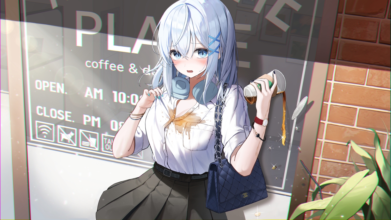 blue_eyes, blue_hair, blush, breasts, cleavage, drink, emma_0215, headphones, leaves, shirt, skirt, wristwear