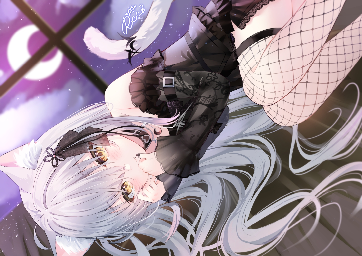 animal_ears, blush, bow, catgirl, clouds, collar, fang, gothic, gray_hair, indie_virtual_youtuber, long_hair, moon, night, rucaco, signed, sky, tail, thighhighs, yazuki_(vtuber), yellow_eyes