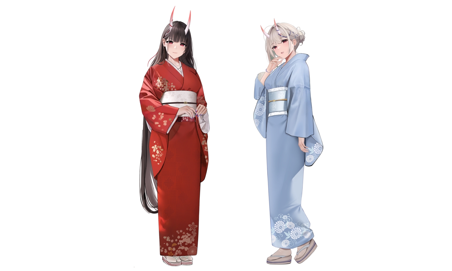2girls, black_hair, blush, gray_hair, horns, japanese_clothes, kimono, long_hair