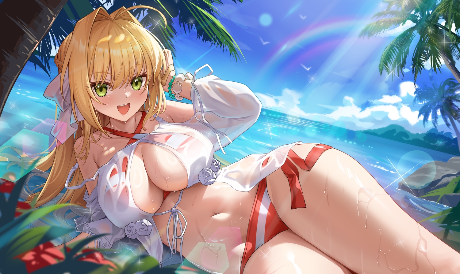 beach, bikini, blonde_hair, blush, bow, braids, breasts, cleavage, clouds, fate/grand_order, fate_(series), flowers, green_eyes, leaves, long_hair, navel, nero_claudius_(fate), rainbow, see_through, shenqi_xiao_hong_zai_nali, sky, swimsuit, tree, water, wet, wristwear