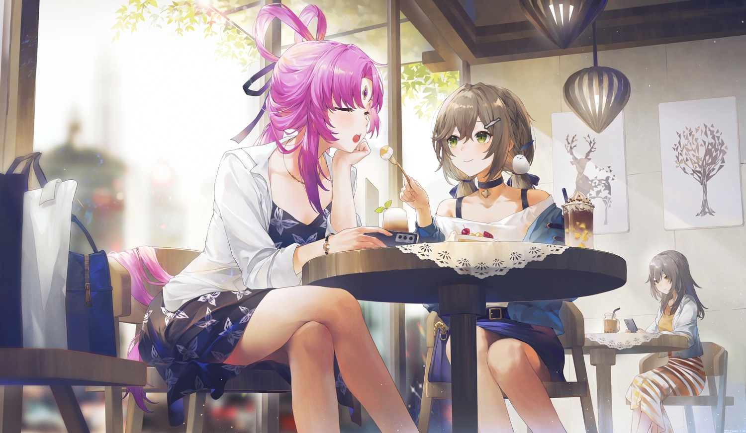 brown_hair, cake, cherry, choker, dress, drink, food, fruit, fu_xuan_(honkai:_star_rail), gray_hair, green_eyes, honkai_(series), honkai:_star_rail, long_hair, necklace, open_shirt, phone, pink_hair, qingque_(honkai:_star_rail), signed, skirt, stelle_(honkai:_star_rail), swkl:d, trailblazer_(honkai:_star_rail), twintails, wristwear, yellow_eyes